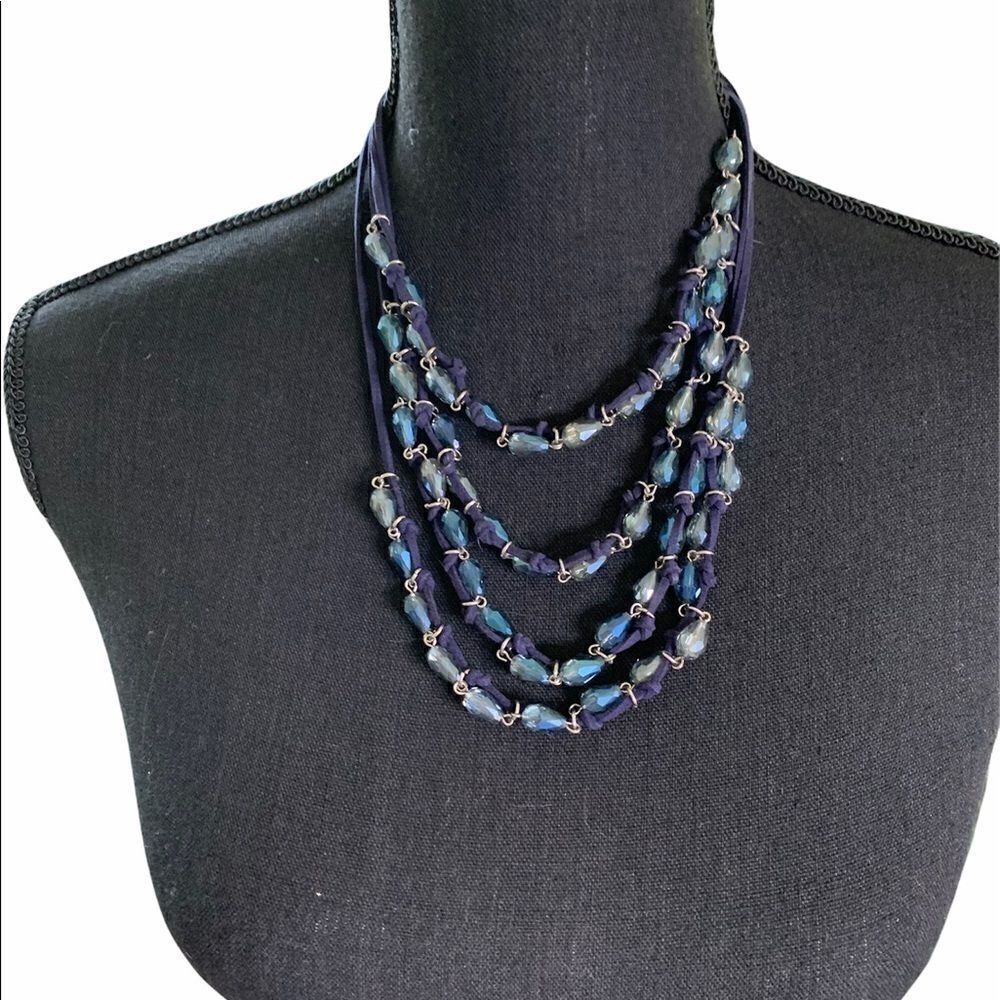 Sparkly blue glass multi strand necklace on satin rope/ silver